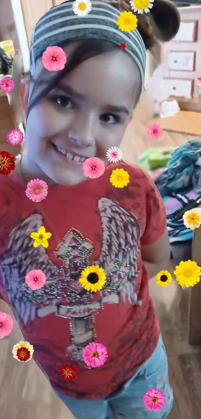 Child smiles with floating flowers around.