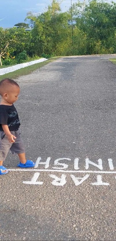 Child walking on a road with greenery around, symbolizing a journey.