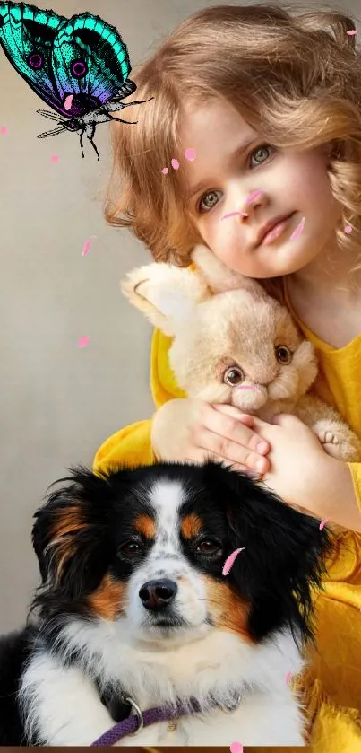 Child with toy bunny and dog, colorful butterfly overhead.