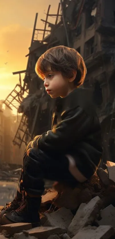 Child seated among ruins with sunset backdrop.