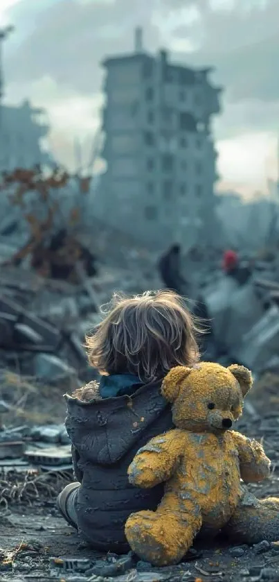 Child with teddy bear in abandoned urban ruins.