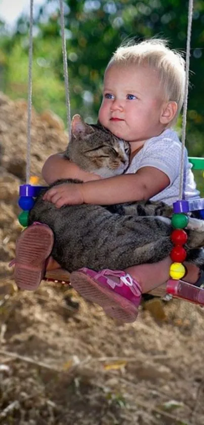 Child holding cat on a colorful swing outdoors.