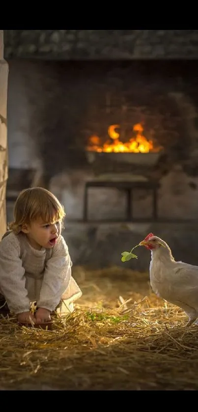 Child with chicken by cozy fireplace on mobile wallpaper.