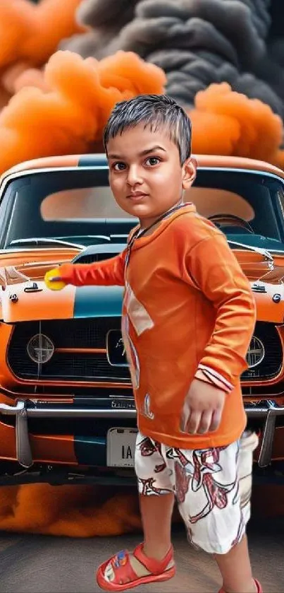 Child standing beside classic car with vibrant orange smoke.