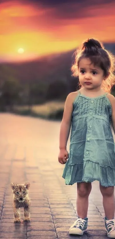 Child and cub walking on a path at sunset.