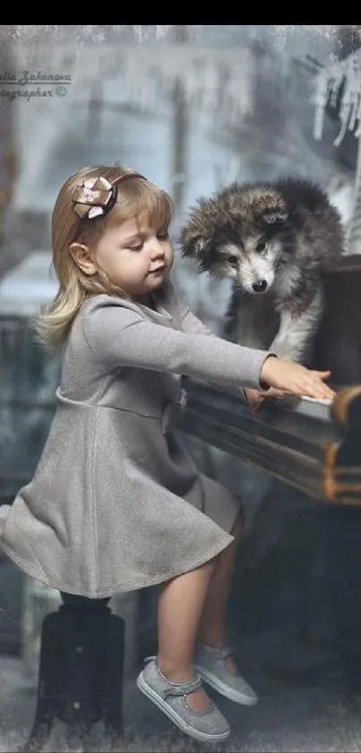 Child playing piano with dog watching, artistic photo.