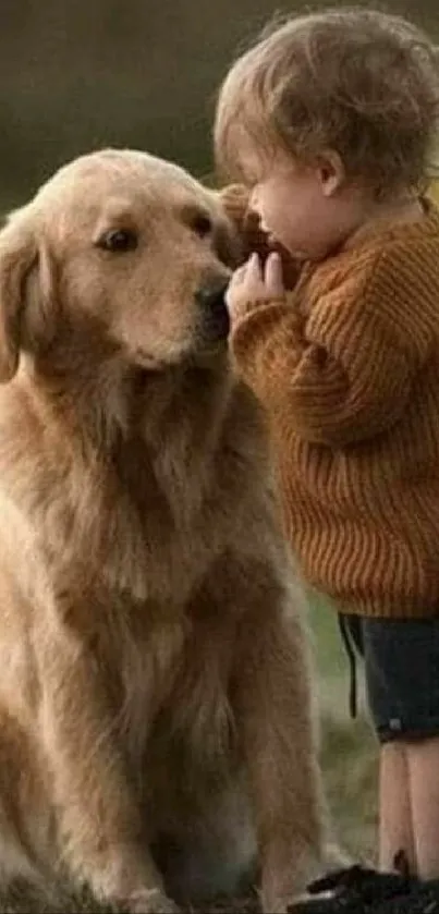 Child with a golden retriever in a brown autumn setting