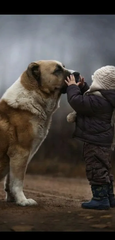 Child and dog share tender moment in wooded forest scene.