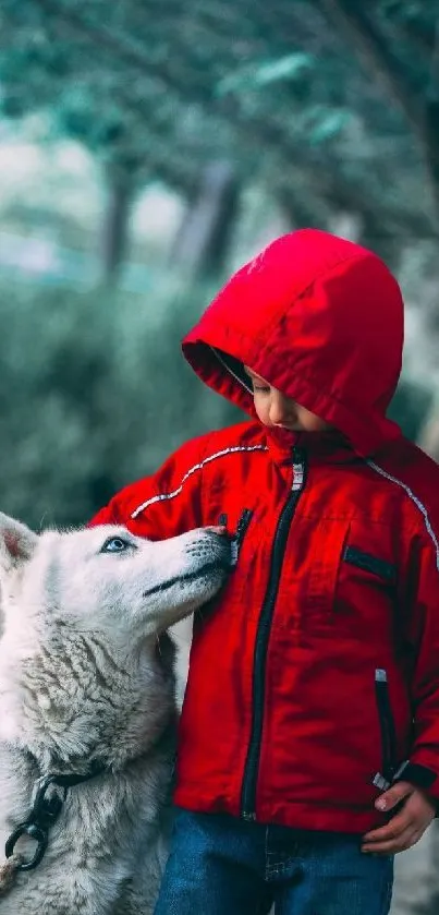 Child in red jacket with dog in forest.