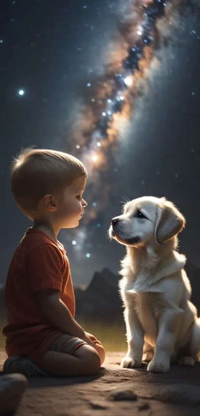 Boy and puppy under the Milky Way in a dark, starry night wilderness.