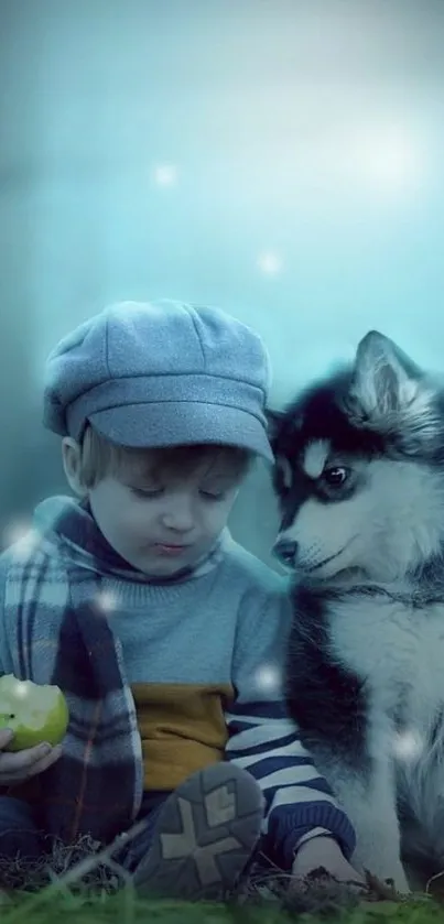 Child and dog under a dreamy blue starry sky.