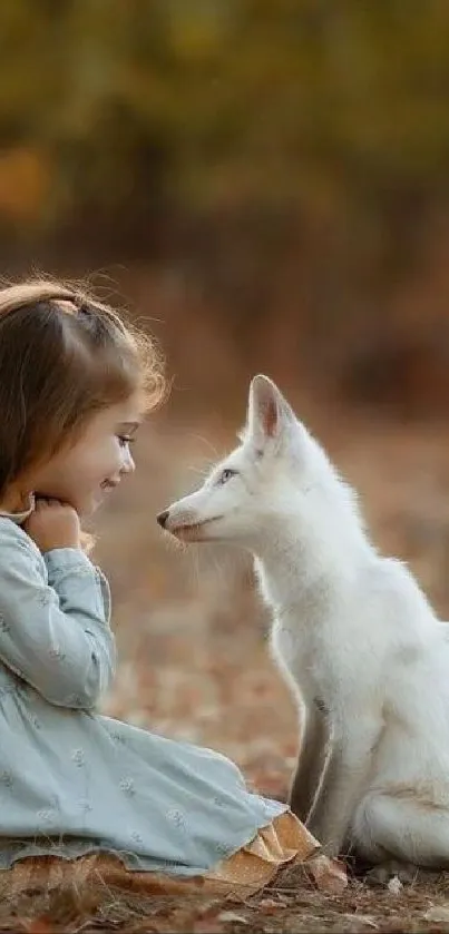 Child and white fox in autumn forest, serene and enchanting moment.