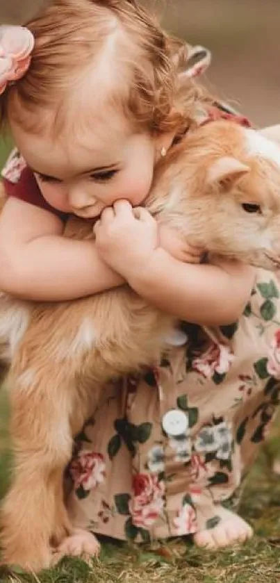 A child hugging a goat in a rustic, earthy setting with floral clothes.