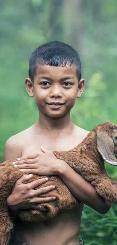 Boy holding goat in green forest background.