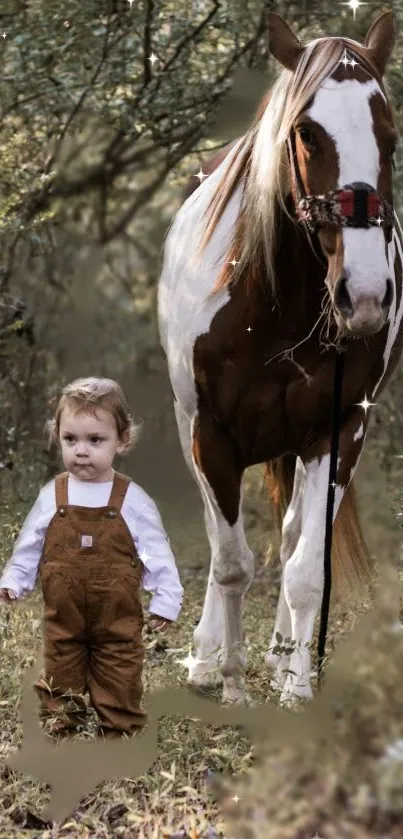 Child with horse in a mystical forest setting mobile wallpaper.