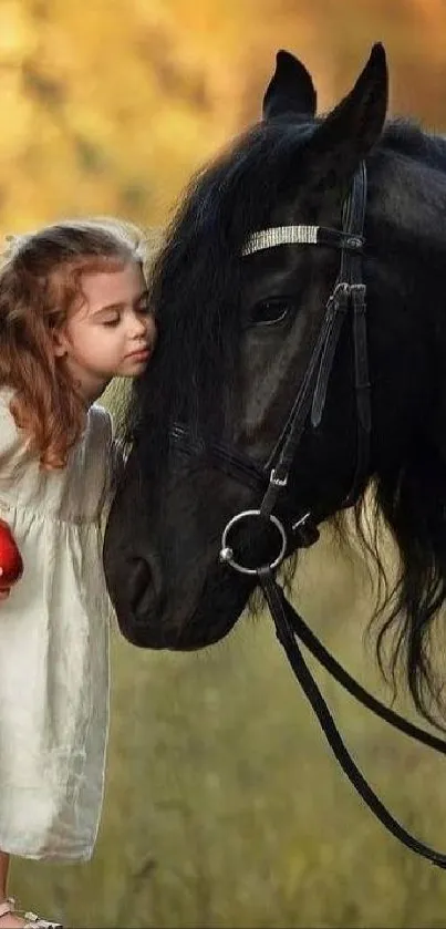 Girl with a horse in an autumn setting, holding an apple.