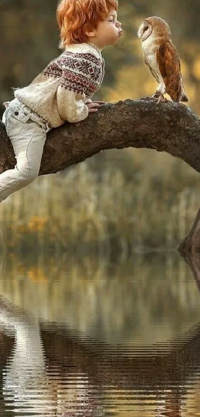 Child interacting with owl by water reflection.