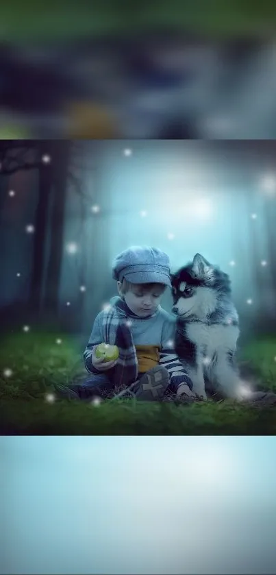 Child with husky puppy in magical forest wallpaper.