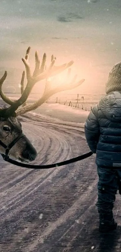 Child with reindeer on snowy path under a soft winter sky.