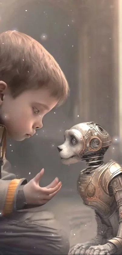 Child facing small humanoid robot in artistic scene.