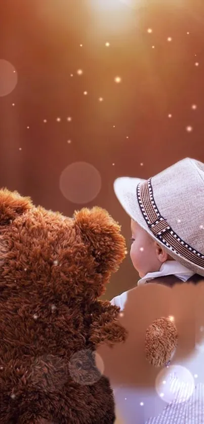 Child in hat with teddy bear under warm sepia glow.