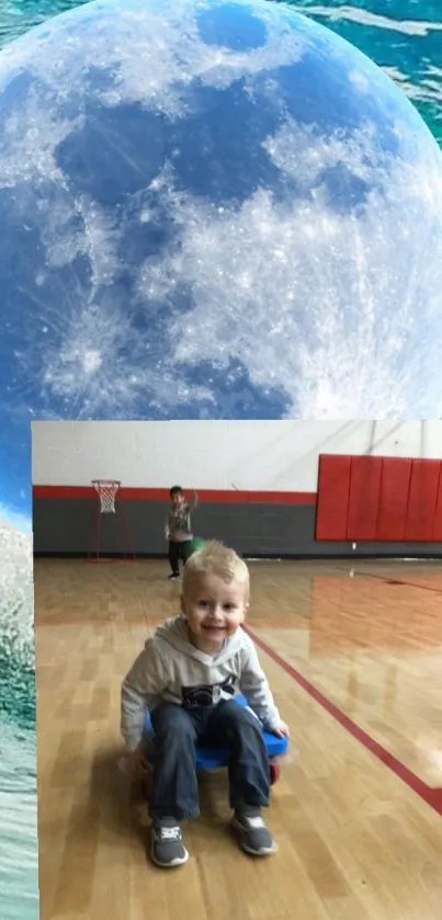 Child on basketball court with a large moon backdrop.