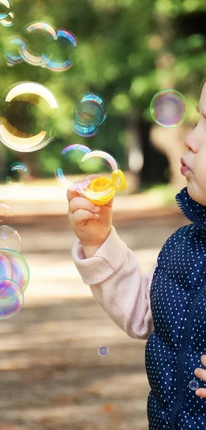 Young child blowing bubbles in a sunlit park.