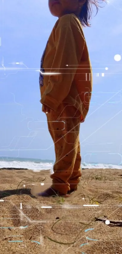 Child standing on a beach with ocean waves in the background.