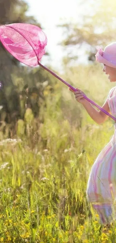 Child with net in a meadow catching a butterfly.