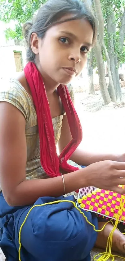 Child crafting under trees with vibrant colors and cultural touch.