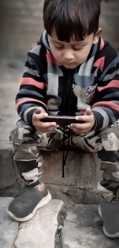 Young child in winter attire focused on a smartphone, sitting on a brick surface.