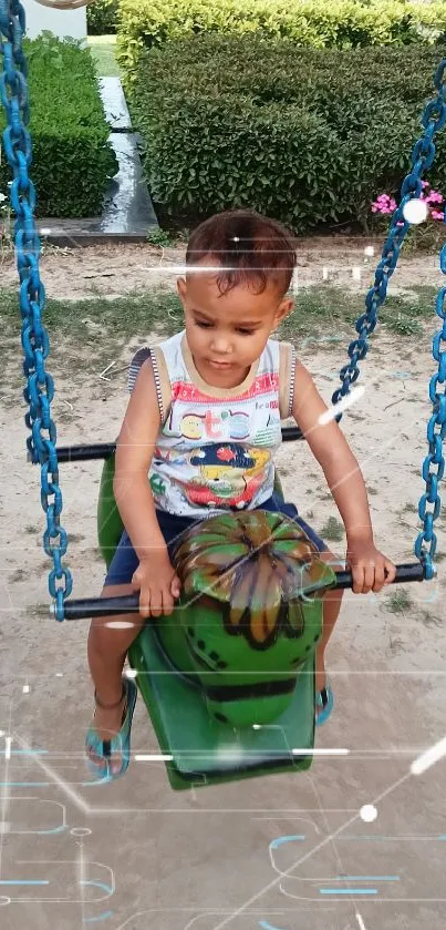 Child enjoying a swing in a green park setting.