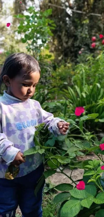 Child in a garden, exploring lush plants with red flowers scattering around.