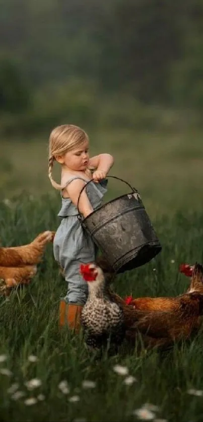 Child feeding chickens in green field, peaceful rural scene.