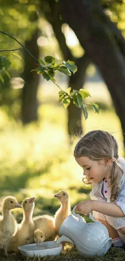 Young girl feeding ducklings in a sunlit garden setting.