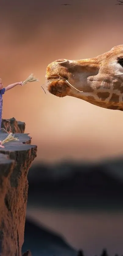 Child reaches to feed a giraffe on a cliff.