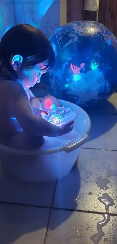 Child bathing with glowing colorful lights in a small tub.