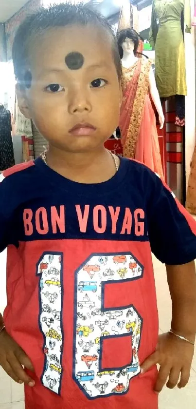 Child with expressive face in a colorful store backdrop.