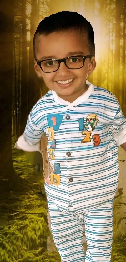 Smiling child in pajamas standing in a glowing forest setting.