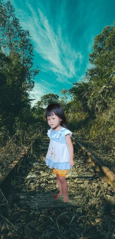 Child walking on forest railway path under blue sky.