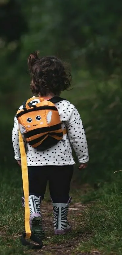 Child with bee backpack walking in forest