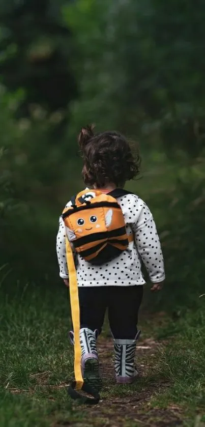 Child with bee backpack walking in forest.