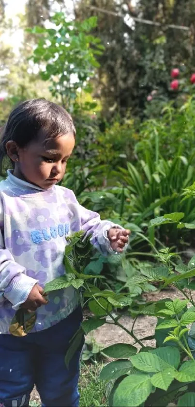 Child exploring a vibrant garden scene.