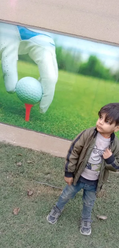 Young child stands by golf-themed green mural outdoors.