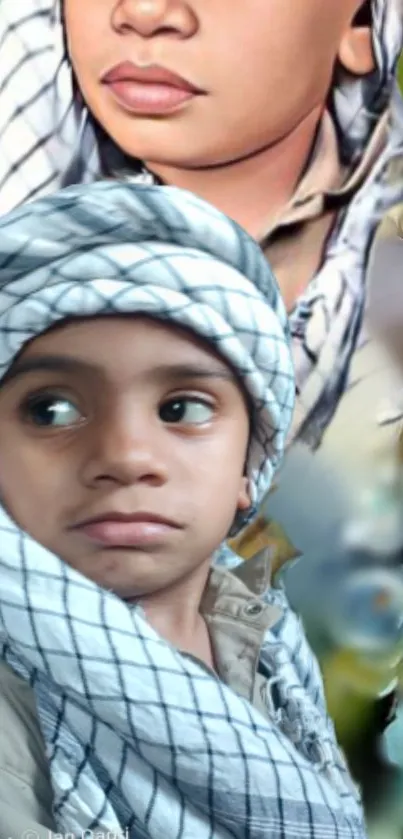 Child wearing a headscarf with a floral background.