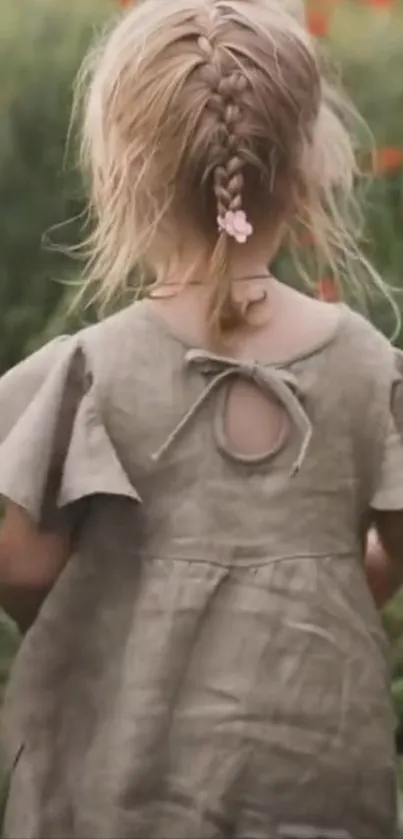 Child in a field, wearing a dress, with braided hair.