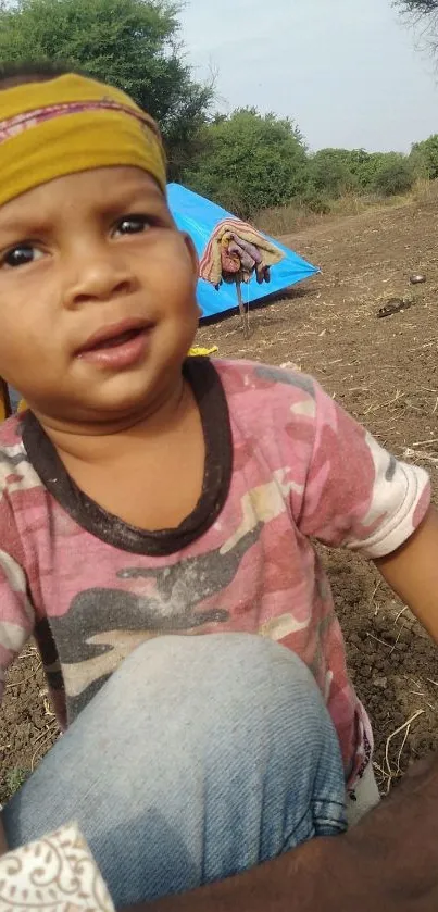 Adorable child with yellow headscarf smiling outdoors.