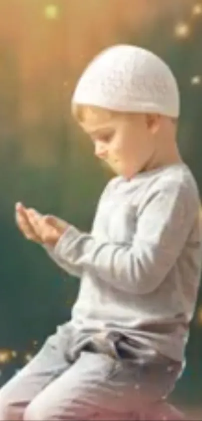 A young child in peaceful prayer with a soft, glowing background.