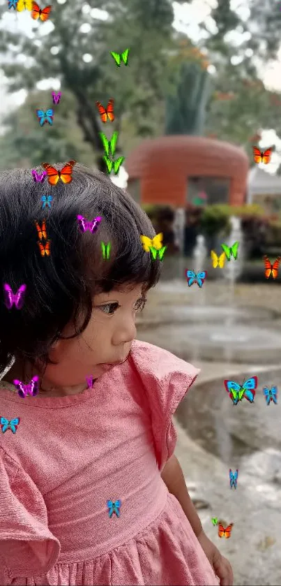 Little girl in pink dress with butterflies in a park.