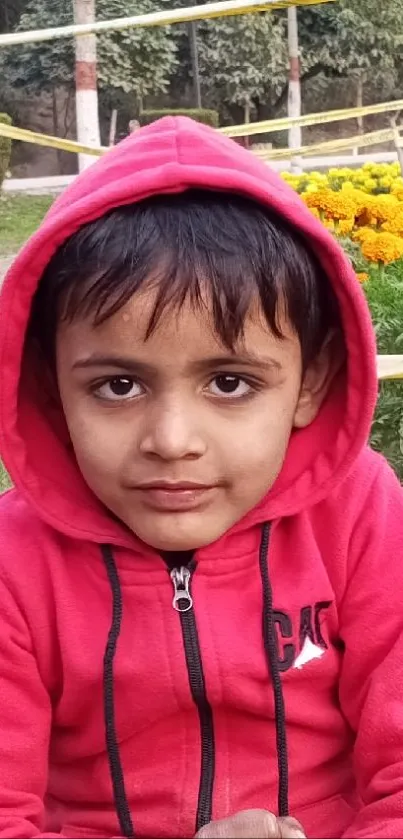 Child wearing a red hoodie in a park with flowers.